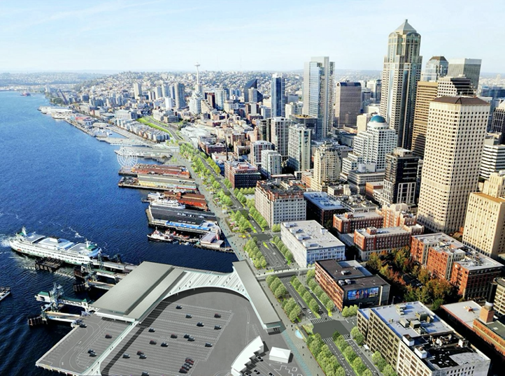 An overhead image of the Seattle waterfront