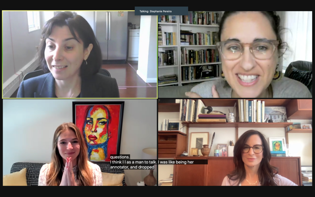 Screenshot of a virtual panel conversation, the 4 speakers smile at the camera