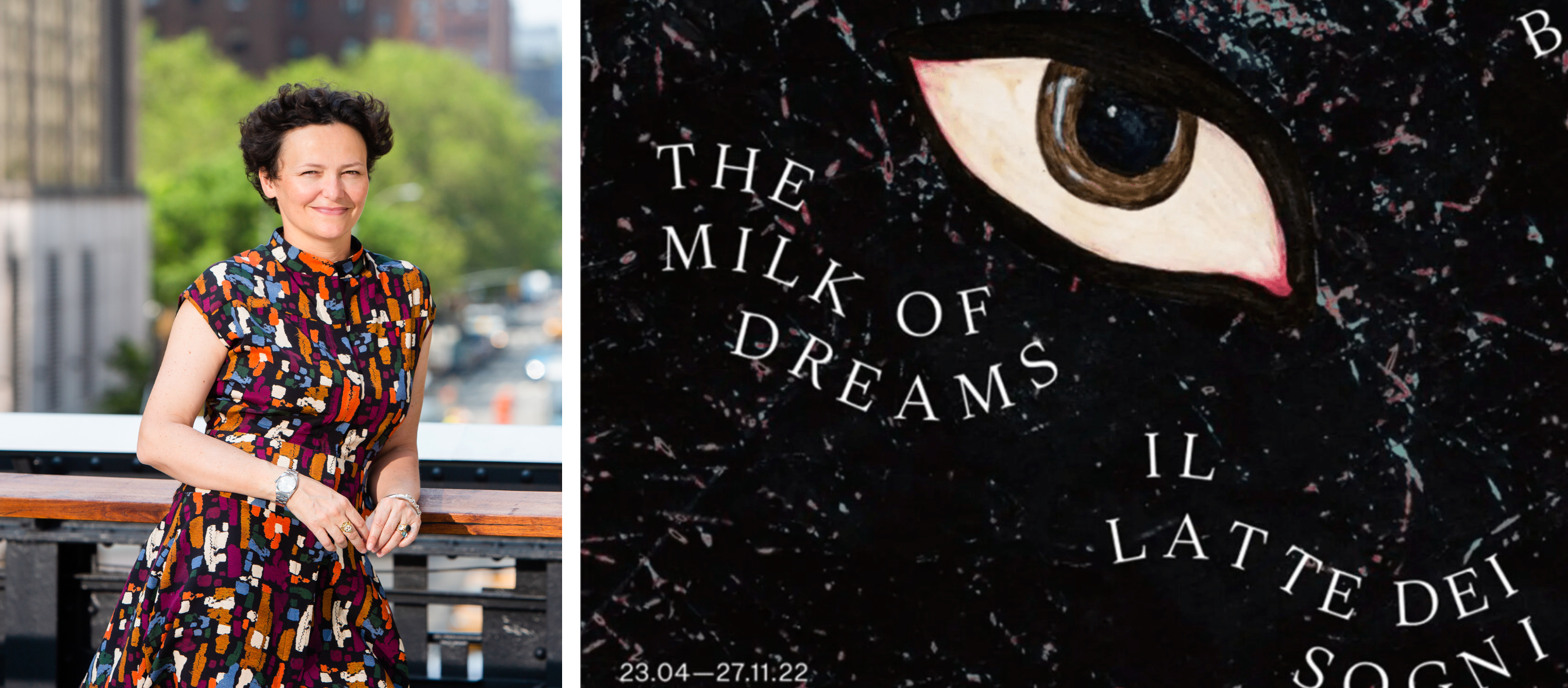 Headshot of Cecilia Alemani; catalog cover for "The Milk of Dreams"