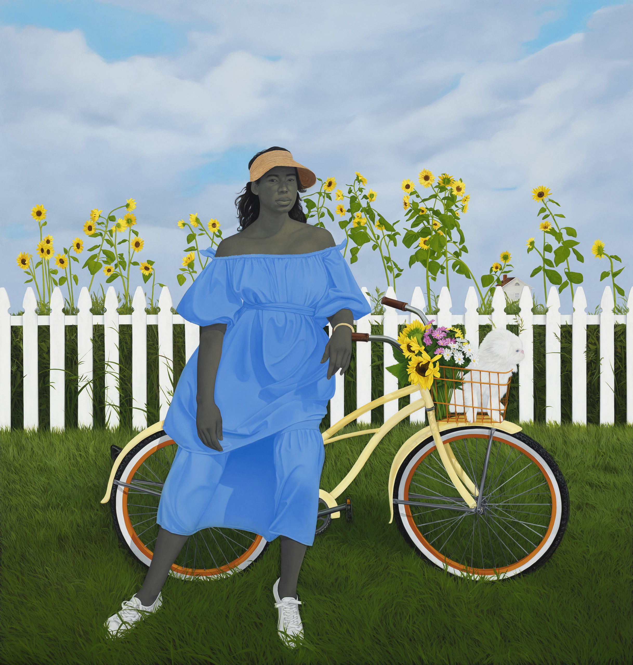 Painting by Amy Sherald - a woman in a blue dress leans agains a yellow bicycle. She stands in front of a white picket fence with sunflowers growing around it.