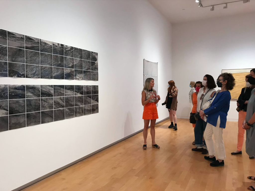On the left we see an artwork made up of many black and white photos or drawings, it's unclear. The tour guide stands facing the group on the right, who are observing the piece.